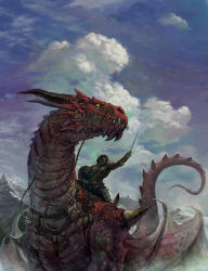 Rule 34 | adiyos, cloud, dragon, fantasy, highres, horns, mountain, original, riding, scales, sky, sword, tail, weapon, wings