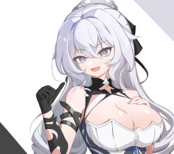 Rule 34 | 1girl, :d, absurdres, bare shoulders, black gloves, blue nails, breasts, bronya zaychik, bronya zaychik (silverwing: n-ex), cleavage, cleavage cutout, clothing cutout, dress, drill hair, gloves, grey eyes, grey hair, highres, honkai (series), honkai impact 3rd, large breasts, long hair, looking at viewer, nail polish, open mouth, power man (xy1950314788), simple background, single glove, smile, solo, thumbs up, twin drills, white background, white dress