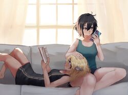 Rule 34 | 2girls, bare legs, book, breasts, celica (xenoblade x), couch, cross (xenoblade x), day, erochi, green tank top, hand on another&#039;s head, highres, holding, holding book, indoors, lap pillow, medium breasts, multiple girls, on couch, reading, small breasts, tank top, window, xenoblade chronicles (series), xenoblade chronicles x, yuri