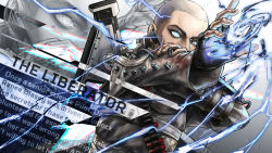 Rule 34 | 1girl, apex legends, bald, bald girl, black gloves, blood, blood on clothes, blue eyes, electricity, english text, fingerless gloves, gloves, grey jacket, hand on own arm, highres, jacket, official alternate costume, r777668, solo, the liberator wraith, wraith (apex legends), zoom layer