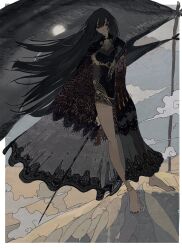 Rule 34 | 1girl, anklet, bare legs, barefoot, black dress, black eyes, black hair, black nails, cape, dress, full body, highres, jewelry, long hair, looking at viewer, mon (monmon2133), original, outdoors, shadow, solo, standing, very long hair