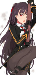 Rule 34 | &gt;:o, 1girl, :o, black gloves, black hair, black pantyhose, black skirt, bullpup, girls&#039; frontline, gloves, gun, hair ribbon, high-waist skirt, holding, holding gun, holding weapon, jacket, knee up, long hair, looking at viewer, military, military uniform, nesume, one side up, open clothes, open jacket, open mouth, pantyhose, red eyes, red ribbon, ribbon, rifle, skirt, sniper rifle, solo, suspenders, uniform, v-shaped eyebrows, wa2000 (girls&#039; frontline), walther, walther wa 2000, weapon