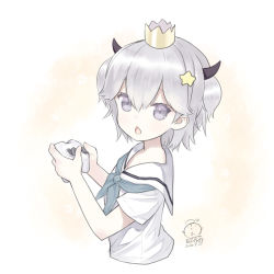 Rule 34 | 1girl, bad id, bad pixiv id, blue neckerchief, blush, capriccio, chestnut mouth, commentary request, controller, cropped torso, crown, dated, game controller, grey eyes, hair ornament, holding, holding controller, horns, kapu rinko, looking at viewer, looking to the side, mini crown, neckerchief, original, parted lips, sailor collar, shirt, short sleeves, signature, silver hair, solo, star (symbol), star hair ornament, two side up, upper body, white sailor collar, white shirt