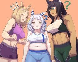 Rule 34 | 3girls, :&lt;, ?, abs, animal ears, bare shoulders, black hair, blonde hair, breasts, brown background, clenched hands, closed eyes, closed mouth, collarbone, commentary request, crop top, dark-skinned female, dark skin, ear covers, ear ornament, earrings, green shorts, grey hair, hair between eyes, hair ornament, hishi miracle (umamusume), horse ears, horse girl, horse tail, jewelry, long hair, looking at another, looking at viewer, medium breasts, medium hair, multiple girls, muscular, muscular female, narita top road (umamusume), navel, ohmi-wisteria, open mouth, orange background, parted lips, plump, ponytail, purple shorts, purple sports bra, shorts, simple background, single earring, sports bra, symboli kris s (umamusume), tail, umamusume, very long hair, white shorts, white sports bra