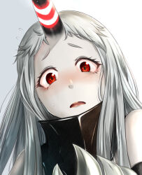 Rule 34 | 1girl, abyssal ship, ankoku kishi m, bare shoulders, blush, claws, colored skin, commentary request, eyelashes, flying sweatdrops, gradient background, grey background, grey hair, highres, horns, kantai collection, long hair, looking at viewer, pale skin, parted lips, red eyes, seaport princess, simple background, single horn, solo, sweat, upper body, white background, white skin