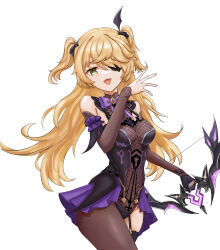 Rule 34 | 1girl, :d, absurdres, black gloves, black leotard, black thighhighs, blonde hair, blush, bodysuit, bow, bow (weapon), breasts, brown bodysuit, brown sleeves, commentary, detached sleeves, english commentary, eyepatch, fang, fischl (genshin impact), garter straps, genshin impact, gloves, green eyes, hair over one eye, highres, holding, holding bow (weapon), holding weapon, katsu (cter3272), leotard, long hair, long sleeves, looking at viewer, medium breasts, open mouth, pantyhose, purple bow, simple background, single glove, skindentation, smile, solo, thighhighs, two side up, very long hair, weapon, white background