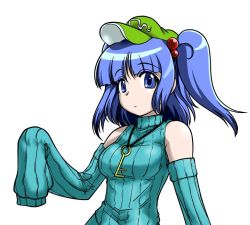 Rule 34 | 1girl, alternate costume, bare shoulders, blue eyes, blue hair, breasts, contemporary, detached sleeves, female focus, flat cap, hair bobbles, hair ornament, hat, iwatobi hiro, jewelry, kawashiro nitori, key, looking at viewer, matching hair/eyes, medium breasts, pale skin, pendant, ribbed sweater, simple background, sleeveless, sleeveless turtleneck, sleeves past wrists, solo, sweater, touhou, turtleneck, twintails, two side up, upper body, white background
