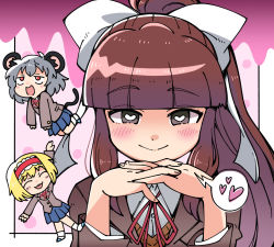 Rule 34 | 3girls, alice margatroid, alternate costume, animal ears, blazer, blonde hair, blue skirt, blunt bangs, blush, bow, brown cardigan, brown eyes, brown hair, brown jacket, cardigan, chibi, closed mouth, commentary request, cookie (touhou), cosplay, doki doki literature club, gendou pose, grey hair, hair bow, hairband, hakurei reimu, hands clasped, heart, heart-shaped pupils, highres, ichigo (cookie), jacket, looking at viewer, monika (doki doki literature club), monika (doki doki literature club) (cosplay), mouse ears, mouse girl, mouse tail, multiple girls, nazrin, neck ribbon, nyon (cookie), own hands clasped, own hands together, pleated skirt, red eyes, red hairband, red ribbon, ribbon, rurima (cookie), school uniform, shirt, short hair, skirt, smile, sn (zigzagspark6), spoken heart, symbol-shaped pupils, tail, touhou, upper body, white bow, white shirt