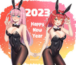 Rule 34 | 2023, 2girls, ;d, absurdres, animal ears, bare arms, bare shoulders, black bow, black bowtie, black hairband, black leotard, blue eyes, blush, bocchi the rock!, bow, bowtie, breasts, bright pupils, brown pantyhose, chinese zodiac, cleavage, collarbone, contrapposto, covered navel, cowboy shot, cube hair ornament, detached collar, embarrassed, fake animal ears, fake tail, gotoh hitori, gradient background, green eyes, hair ornament, hairband, happy new year, highres, kita ikuyo, large breasts, leotard, long hair, looking at viewer, multiple girls, new year, one eye closed, one side up, open mouth, pantyhose, pink hair, playboy bunny, rabbit ears, rabbit tail, red hair, signature, smile, strapless, strapless leotard, tail, teeth, traditional bowtie, twitter username, twomoon, upper teeth only, v, very long hair, year of the rabbit