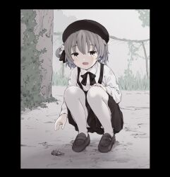Rule 34 | 1girl, beret, black hat, black outline, black ribbon, black skirt, bug, chain-link fence, cicada, collared shirt, commentary request, day, dead animal, fence, flower, full body, grey hair, hair flower, hair ornament, hat, hatoba tsugu, insect, kreona, light blush, loafers, long sleeves, looking at viewer, mole, mole under eye, neck ribbon, open mouth, outdoors, outline, overgrown, pantyhose, reaching, ribbon, rose, shirt, shoes, short hair, single hair ring, skirt, smile, solo, squatting, suspender skirt, suspenders, tsugu (vtuber), virtual youtuber, white flower, white pantyhose, white rose, white shirt, yellow eyes