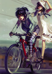 Rule 34 | 10s, 2girls, :d, absurdres, alphonse (white datura), bicycle, black rock shooter, dress, earbuds, earphones, fingerless gloves, gloves, hat, high heels, highres, holding, holding clothes, holding hat, hood, hooded jacket, image sample, jacket, kuroi mato, motion blur, multiple girls, one eye closed, open mouth, riding, sandals, smile, star (symbol), striped legwear, sun hat, sundress, takanashi yomi, thighhighs, twintails, uneven twintails, white dress, wink
