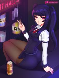 Rule 34 | 1girl, absurdres, arm strap, artist name, bartender, blurry, blurry background, breasts, brown pantyhose, bucket, can, cigarette, collared shirt, commentary, copyright name, frown, highres, holding, holding cigarette, indoors, jill stingray, juliet sleeves, long hair, long sleeves, looking at viewer, medium breasts, necktie, pantyhose, patreon logo, puffy sleeves, purple hair, red eyes, red necktie, shellvi, shirt, sitting, skirt, smoke, solo, swept bangs, twintails, va-11 hall-a, vest, white shirt