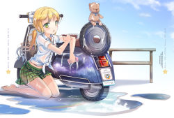 Rule 34 | 1girl, barefoot, blonde hair, day, feet, green eyes, jin young-in, kneeling, low twintails, md5 mismatch, motor vehicle, open mouth, original, scooter, see-through, shirt, skirt, sky, sleeves rolled up, solo, sponge, stuffed animal, stuffed toy, teddy bear, tire, twintails, vehicle, washing, washing vehicle, water, wet, wet clothes, wet shirt