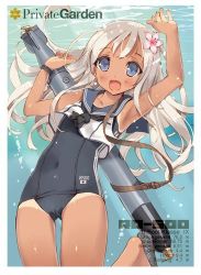 Rule 34 | 10s, 1girl, arm up, armpits, blue eyes, covered navel, crop top, flower, hair flower, hair ornament, kantai collection, long hair, lowres, one-piece tan, ro-500 (kancolle), sailor collar, school swimsuit, solo, swimsuit, swimsuit under clothes, tan, tanline, thigh gap, torpedo, tsurusaki takahiro, underwater, water