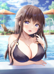 Rule 34 | 1girl, :d, bare arms, bare shoulders, bikini, black bikini, blue sky, blush, breasts, brown hair, chair, cleavage, cloud, collarbone, commentary request, day, hand up, large breasts, lifting own clothes, long hair, looking at viewer, lounge chair, murasaki (murasakiiro no yoru), o-ring, o-ring bikini, o-ring top, open mouth, original, outdoors, parasol, pool, purple eyes, sky, smile, solo, strap lift, swimsuit, umbrella, water