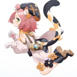 Rule 34 | 1girl, absurdres, animal ear fluff, animal ears, bangs pinned back, black footwear, black hat, black shorts, blush, boots, cat ears, cat tail, child, detached sleeves, diona (genshin impact), from side, genshin impact, gloves, green eyes, hat, highres, paw pose, pink hair, profile, rui (rei leyi), short eyebrows, short hair, shorts, simple background, solo, tail, white background, white gloves