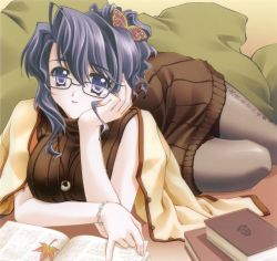 Rule 34 | 1girl, black hair, book, bracelet, breasts, bug, butterfly, carnelian, ena (quilt), glasses, hair up, head rest, insect, jewelry, large breasts, leaf, lying, mature female, pantyhose, purple eyes, quilt, quilt (game), smile, solo