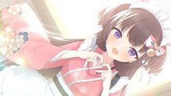Rule 34 | 1girl, absurdres, apron, backlighting, bad id, bad twitter id, bell, bloom, blue archive, bow, brown hair, cowboy shot, dutch angle, frilled apron, frilled kimono, frills, hair bell, hair bow, hair ornament, halo, happy, heart, heart hands, highres, japanese clothes, kaerunrun, kimono, lens flare, light blush, long hair, long sleeves, looking at viewer, maid, maid headdress, open mouth, pink kimono, purple eyes, shizuko (blue archive), solo, sunlight, two side up, very long hair, wa maid, waist apron, white apron, wide sleeves