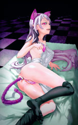 Rule 34 | 1girl, :q, absurdres, anal, anal object insertion, anal tail, animal ears, apron, artist request, ass, black thighhighs, breasts, butt plug, cat ears, checkered floor, covered erect nipples, fake animal ears, fake tail, highres, long hair, looking at viewer, looking back, lying, nearly naked apron, object insertion, on side, open mouth, original, pink eyes, pink one-piece swimsuit, pointy ears, sex toy, silver hair, slingshot swimsuit, solo, strap gap, swimsuit, tail, thighhighs, tongue, tongue out, v.x.