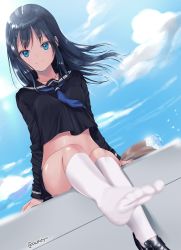 Rule 34 | 1girl, bad id, bad pixiv id, black footwear, black hair, black shirt, black skirt, blue eyes, blue neckwear, blue sky, blurry, blurry foreground, breasts, closed mouth, cloud, commentary request, crop top, day, depth of field, dutch angle, feet out of frame, floating hair, foot focus, foreshortening, goldowl, highres, loafers, long hair, long sleeves, looking at viewer, midriff, no shoes, original, outdoors, school uniform, serafuku, shirt, shoes, single shoe, sitting, skirt, sky, small breasts, smile, solo, twitter username