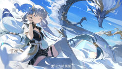 Rule 34 | 1girl, absurdres, blue sky, chinese clothes, cleavage cutout, clothing cutout, cloud, day, dragon, earrings, grey eyes, hair ornament, hand on own ear, highres, jewelry, jinhsi (wuthering waves), jiu ye sang, light smile, long hair, looking at viewer, mole, mole under eye, pale color, sky, thigh strap, thighs, white hair, wuthering waves