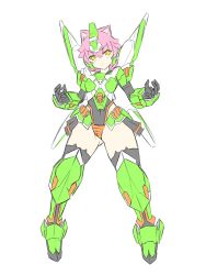 Rule 34 | 1girl, animal ears, cat ears, crossbone gundam, crossbone gundam ghost, gundam, highres, kitasshi, mecha musume, mechanical wings, open hands, personification, phantom gundam, pink hair, solo, thighhighs, v-shaped eyebrows, white background, wings, yellow eyes