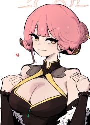 Rule 34 | 1girl, absurdres, alternate costume, aru (blue archive), black dress, blue archive, breasts, brown horns, cleavage, criss-cross halter, demon horns, dress, earrings, fur trim, halo, halterneck, heart, highres, horns, jewelry, pink hair, pink halo, ryu (ryu10733), simple background, solo, upper body, white background, yellow eyes