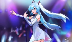 Rule 34 | 1girl, absurdres, blonde hair, cowboy shot, dated, detached sleeves, dress, from side, grey dress, hatsune miku, highres, holding, microphone, microphone stand, open mouth, outstretched arm, purple background, solo, twintails, vergil mon, vocaloid