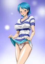 Rule 34 | 1girl, ann, ann (one piece), blue hair, breasts, clothes lift, covered erect nipples, highres, large breasts, nel-zel formula, non-web source, one piece, panties, shirt, shirt lift, short hair, solo, striped clothes, striped shirt, tagme, underwear