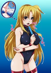 Rule 34 | 1girl, 2girls, blonde hair, blue background, blue dress, blush, breasts, covered erect nipples, covered navel, dress, fate testarossa, food, gradient background, groin, highres, large breasts, leotard, looking at viewer, lyrical nanoha, mahou shoujo lyrical nanoha strikers, multiple girls, nipples, open mouth, popsicle, red eyes, saliva, simple background, solo focus, takamachi nanoha, tappa (esperanza), yuri