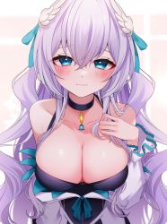 Rule 34 | 1girl, amau meiko, aqua ribbon, black choker, blue eyes, blush, breasts, choker, cleavage, closed mouth, collarbone, commentary request, detached sleeves, hair ribbon, highres, indie virtual youtuber, large breasts, light smile, long hair, looking at viewer, namagome negi, purple hair, ribbon, smile, solo, upper body, virtual youtuber, white sleeves