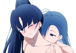 Rule 34 | 2girls, ado (utaite), bare shoulders, biting shoulder, blue eyes, breasts, cleavage, closed mouth, collarbone, commentary request, hair over one eye, highres, long hair, merry (ado), multiple girls, naima (ado), nori (norinori yrl), nude, one eye closed, ponytail, readymade (ado), simple background, sweat, upper body, usseewa, white background, yuri