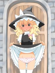 Rule 34 | 1girl, bad id, bad pixiv id, blonde hair, blush, bow, clothes lift, female focus, full-face blush, groin, hair bow, hat, kirisame marisa, long hair, looking down, no nose, open mouth, panties, polka dot, polka dot panties, print panties, skirt, skirt lift, solo, sweatdrop, thighhighs, thighs, touhou, underwear, upskirt, white thighhighs, witch, witch hat, yamija, yellow eyes