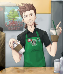 Rule 34 | 00s, 1boy, absurdres, apron, badge, brown hair, coffee, cup, drinking straw, english text, highres, lloyd irving, male focus, mieu (tales), solo, starbucks, sugar (food), tales of (series), tales of symphonia, tree