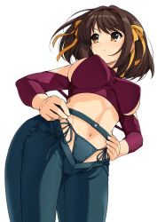 Rule 34 | bare shoulders, breasts, brown eyes, brown hair, covered erect nipples, crop top, denim, hairband, hands on own hips, haruhisky, highres, jeans, large breasts, long sleeves, looking to the side, navel, orange hairband, panties, pants, presenting, pubic cutout, revealing clothes, short hair, side-tie panties, sideboob, suzumiya haruhi, suzumiya haruhi no yuuutsu, underwear, white background, wind