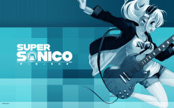 Rule 34 | 1girl, blue theme, breasts, character name, guitar, headphones, highres, instrument, jacket, large breasts, long hair, looking at viewer, music, nitroplus, official art, official wallpaper, open mouth, outstretched arm, playing instrument, profile, shirt, shorts, smile, solo, super sonico, t-shirt, tsuji santa, wallpaper