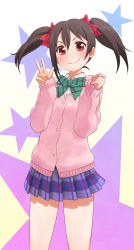 Rule 34 | 10s, 1girl, black hair, bow, bowtie, cardigan, doyagao, hair bow, light smile, looking at viewer, love live!, love live! school idol project, red eyes, school uniform, simple background, smug, solo, star (symbol), starry background, twintails, unyon, v, yazawa nico