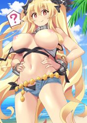 Rule 34 | 1girl, ?, anne bonny (fate), anne bonny (fate/grand order), anne bonny (swimsuit archer) (fate), anne bonny (swimsuit archer) (first ascension) (fate), bare shoulders, beach, belly chain, bikini, black bikini, black hat, blonde hair, blue shorts, blue sky, blush, breasts, breasts out, collar, cuffs, denim, denim shorts, fate/grand order, fate (series), hat, highres, jewelry, large breasts, long hair, looking at viewer, metal collar, navel, nipples, open fly, pirate hat, red eyes, shimouki izui, shore, short shorts, shorts, sky, smile, solo, swimsuit, thighs, two side up