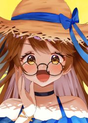 Rule 34 | 1girl, bare shoulders, blue dress, blush, brown hair, collarbone, commentary request, derby (dabidabi), dress, earrings, fang, glasses, hat, hat ribbon, highres, jewelry, long hair, looking at viewer, re:act, ribbon, shishigami leona, solo, summer, sun hat, two side up, virtual youtuber