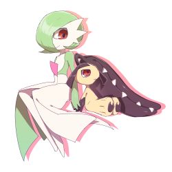 Rule 34 | 2girls, black skin, blunt bangs, bob cut, closed mouth, colored skin, creatures (company), drop shadow, enden (pixiv 57969220), extra mouth, female focus, flat chest, full body, game freak, gardevoir, gen 3 pokemon, green hair, green skin, hair over one eye, happy, highres, holding hands, legs together, long hair, looking at another, looking down, looking up, mawile, multicolored skin, multiple girls, nintendo, pokemon, pokemon (creature), red eyes, sharp teeth, short hair, simple background, sitting, smile, teeth, two-tone skin, very long hair, white background, white skin, yellow skin