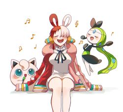 Rule 34 | artist request, blush, breasts, creatures (company), crossover, dress, eyelashes, game freak, gen 1 pokemon, gen 5 pokemon, hair over one eye, headphones, highres, jacket, jigglypuff, legendary pokemon, long hair, meloetta, meloetta (aria), multicolored hair, music, musical note, mythical pokemon, nintendo, one piece, one piece film: red, oversized clothes, pokemon, red hair, ribbon, sidelocks, simple background, singing, sitting, smile, split-color hair, standing, teamwork, two-tone hair, uni sipp022, uta (one piece), very long hair, white dress, white hair, wrist cuffs