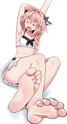 Rule 34 | 1boy, :d, ^ ^, armpits, arms up, astolfo (fate), barefoot, bikini, bikini skirt, bow, braid, closed eyes, collarbone, crossdressing, crossed legs, fang, fate/apocrypha, fate/grand order, fate (series), feet, foot focus, foreshortening, frilled bikini, frills, hair bow, hair intakes, highres, long hair, male focus, multicolored hair, official alternate costume, open mouth, panimiiru, pink hair, simple background, single braid, sitting, skin fang, smile, soles, solo, streaked hair, swimsuit, toenails, toes, trap, two-tone hair, white background, white bikini, white hair