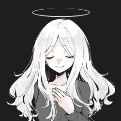 Rule 34 | 1girl, akahito (akaironotanin), black background, closed eyes, closed mouth, grey shirt, halo, hand on own chest, highres, long hair, long sleeves, original, shirt, simple background, solo, upper body, white hair
