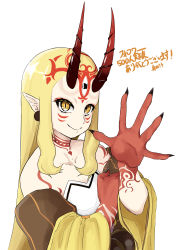 Rule 34 | 1girl, absurdres, bare shoulders, beads, blonde hair, breasts, closed mouth, collarbone, earrings, facial mark, fate/grand order, fate (series), fingernails, forehead, forehead mark, hair pulled back, highres, horns, ibaraki douji (fate), japanese clothes, jewelry, kimono, long hair, long sleeves, looking at viewer, off shoulder, oni, oni horns, pointy ears, sanada ina, sharp fingernails, simple background, slit pupils, small breasts, smile, solo, tattoo, white background, wide sleeves, yellow eyes, yellow kimono