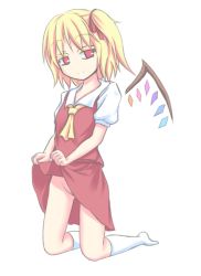 Rule 34 | 1girl, bad id, bad pixiv id, blonde hair, clothes lift, colored eyelashes, eyebrows, eyelashes, female focus, flandre scarlet, groin, kneeling, looking at viewer, lv21, no headwear, no panties, no shoes, puffy sleeves, red eyes, shirt, short sleeves, side ponytail, skirt, skirt lift, skirt set, smile, solo, thick eyebrows, touhou, vest, wings
