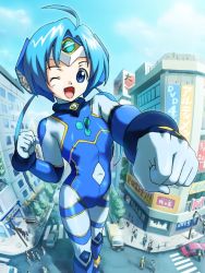Rule 34 | blue eyes, blue hair, building, child, city, clenched hand, close-up, fang, giant, giantess, moroboshi tsubomi, one eye closed, short hair, smile, teston, ultimate girl, wink