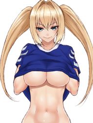 Rule 34 | 1girl, alternate costume, bad id, bad pixiv id, blonde hair, blue eyes, blue shirt, breasts, cleavage, closed mouth, clothes lift, cocq taichou, commentary request, fate/grand order, fate (series), hair between eyes, hair intakes, large breasts, long hair, navel, nero claudius (fate), nero claudius (fate) (all), nero claudius (swimsuit caster) (fate), no bra, shirt, shirt lift, short sleeves, simple background, smile, twintails, underboob, upper body, white background