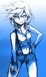 Rule 34 | 00s, 1girl, alternate hairstyle, bare shoulders, blue theme, breasts, cleavage, collarbone, creatures (company), crop top, crop top overhang, cropped legs, curly hair, cutoffs, denim, denim shorts, game freak, grin, hand on own hip, holding, holding poke ball, looking at viewer, midriff, misty (pokemon), monochrome, navel, nintendo, parted lips, poke ball, pokemon, pokemon: the electric tale of pikachu, pokemon hgss, sei jun, shirt, short shorts, shorts, sketch, smile, solo, suspenders, wristband