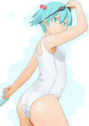 Rule 34 | 1girl, bad id, bad pixiv id, female focus, flat chest, goggles, goggles on head, green eyes, green hair, hair bobbles, hair ornament, highres, kawashiro nitori, looking back, matching hair/eyes, one-piece swimsuit, school swimsuit, short hair, smile, solo, swimsuit, touhou, twintails, water gun, white school swimsuit, white one-piece swimsuit, yurako, yurayurari
