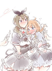 Rule 34 | 2girls, 2others, ahoge, arms up, assault lily, belt, black belt, black bow, black dress, black gloves, black ribbon, black shirt, black thighhighs, blue eyes, blush, bow, braid, braided ponytail, breasts, brown hair, closed mouth, commentary request, cowboy shot, cropped jacket, dress, elbow gloves, fingerless gloves, flying sweatdrops, frilled dress, frilled skirt, frilled sleeves, frills, futagawa fumi, gloves, green hair, grey dress, hair between eyes, hair bow, heart, heart of string, long hair, low ponytail, low twintails, medium breasts, miniskirt, multiple girls, multiple others, neck ribbon, nose blush, official alternate costume, open belt, open mouth, out of frame, pleated skirt, puffy short sleeves, puffy sleeves, purple eyes, pushing, ribbon, santouka, school uniform, shirt, short sleeves, simple background, single braid, skirt, standing, sweatdrop, thighhighs, twintails, two-tone dress, two-tone shirt, underbust, v-shaped eyebrows, wavy mouth, white background, white gloves, white shirt, yamanashi hibari, yuri, yurigaoka girls academy school uniform, zettai ryouiki